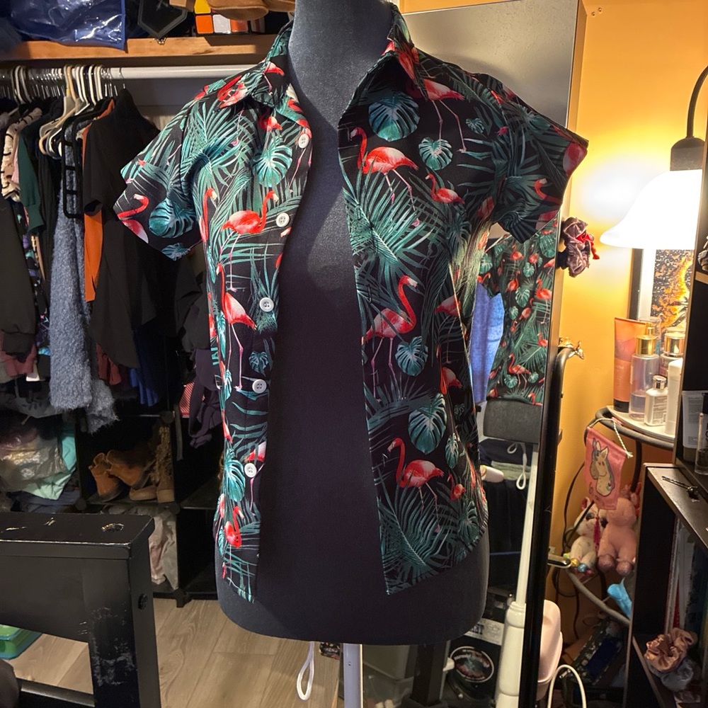 Black Flamingo Print Button-Up Shirt